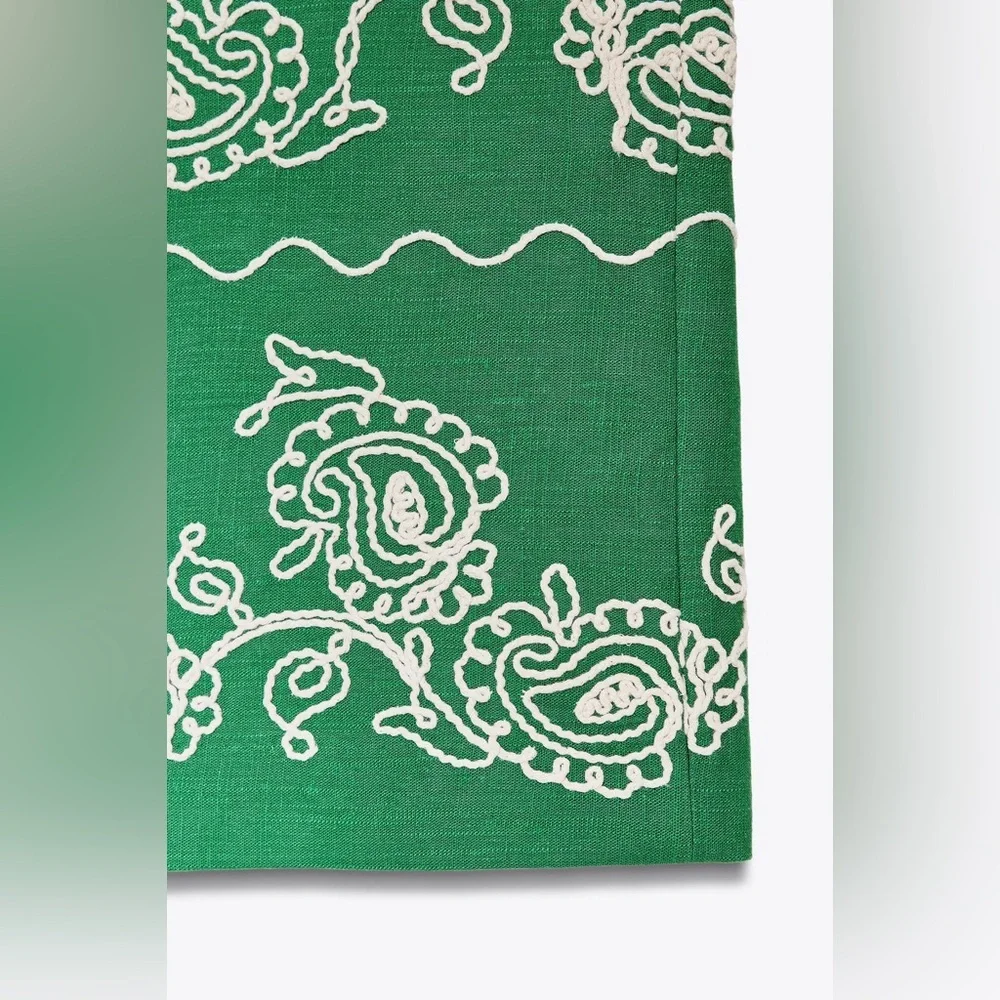 NWT. Zara Green Viscose/Linen Blend Embroidered Trousers. Size M.